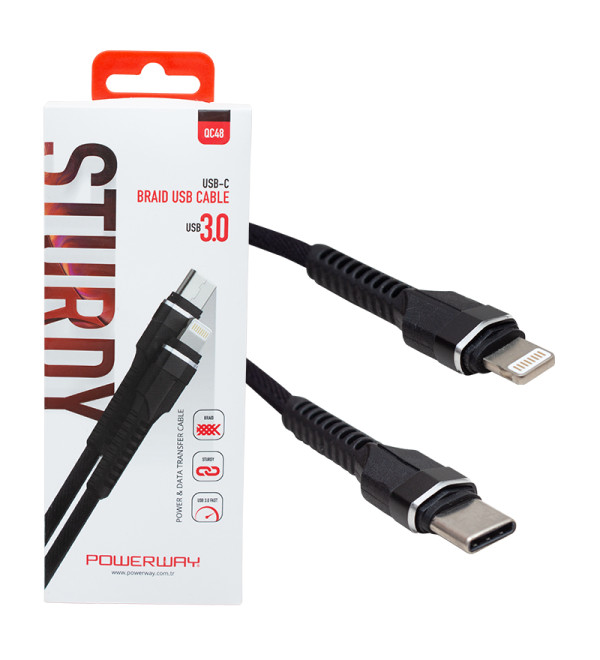 POWERWAY QC-48 ÖRGÜLÜ USB 3.0 TYPE C LIGHTNING DATA VE ŞARJ KABLOSU