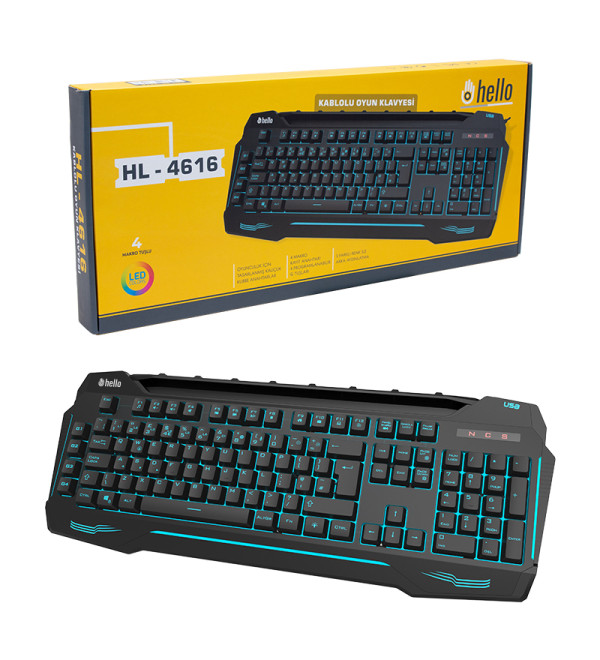 HELLO HL-4616 4 MAKRO TUŞLU 3 RENK IŞIKLI KABLOLU GAMING OYUNCU KLAVYE