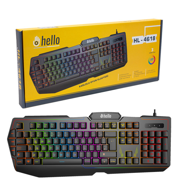 HELLO HL-4618 3 MAKRO TUŞLU 3 RENK IŞIKLI KABLOLU GAMING OYUNCU KLAVYE