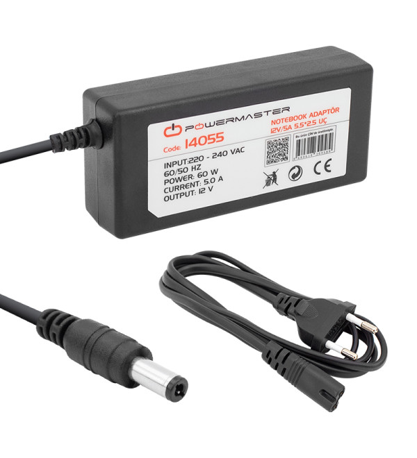 DXT POWERMASTER PM 14055 12 VOLT   5 AMPER 5.5 2.5 UÇLU PLASTİK KASA MASAÜSTÜ ADAPTÖR