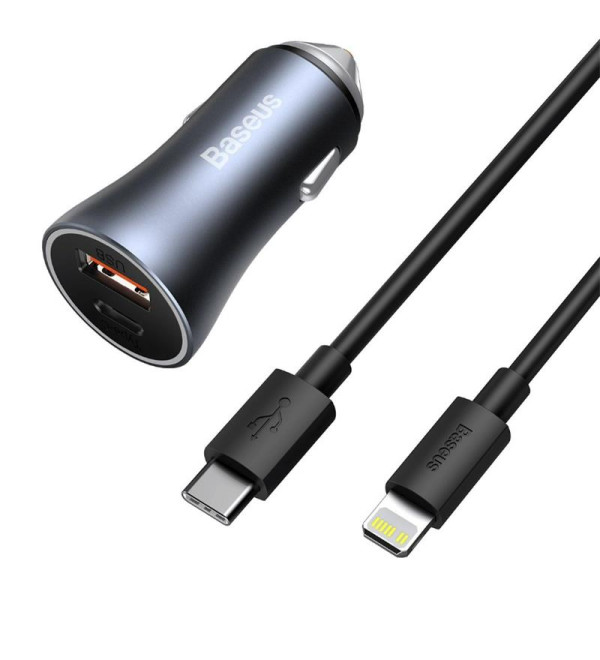 BASEUS GOLDEN CONNECTOR PRO 40W ARAÇ SARJI USB-TYPE-C VE TYPE-C TO LIGHTNING KABLO SETİ-KOYU GRI TZCCJD-B0G