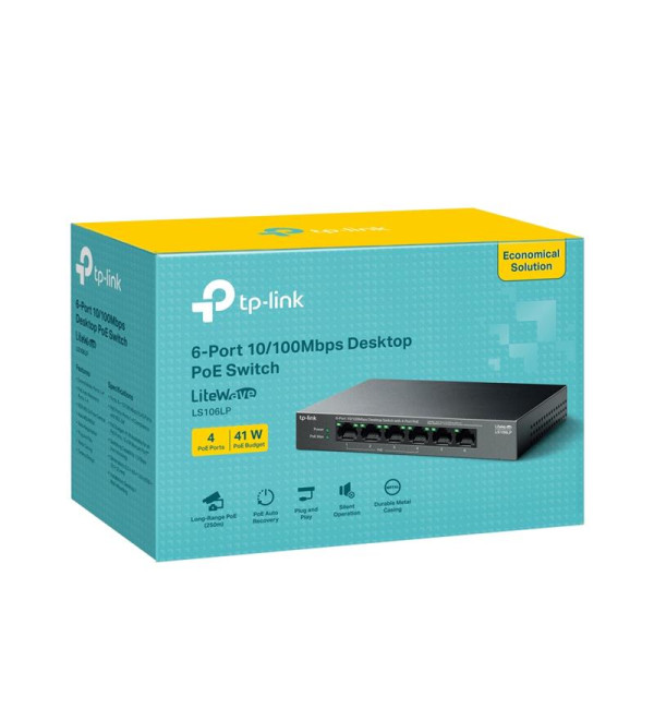 TP-LINK LS106LP 4 PORT 10/100 + 2 PORT RJ45 UPLINK 41W 250 METRE POE MESAFE METAL KASA SWITCH